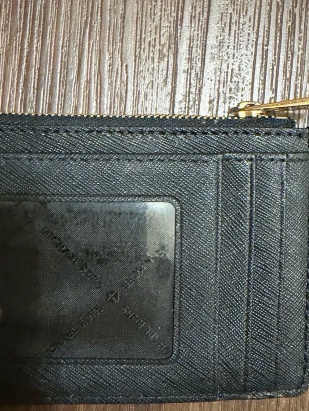 Michael Kors Black Saffiano Leather Card Case with Gold Zip Wristlet, Black/Gold
